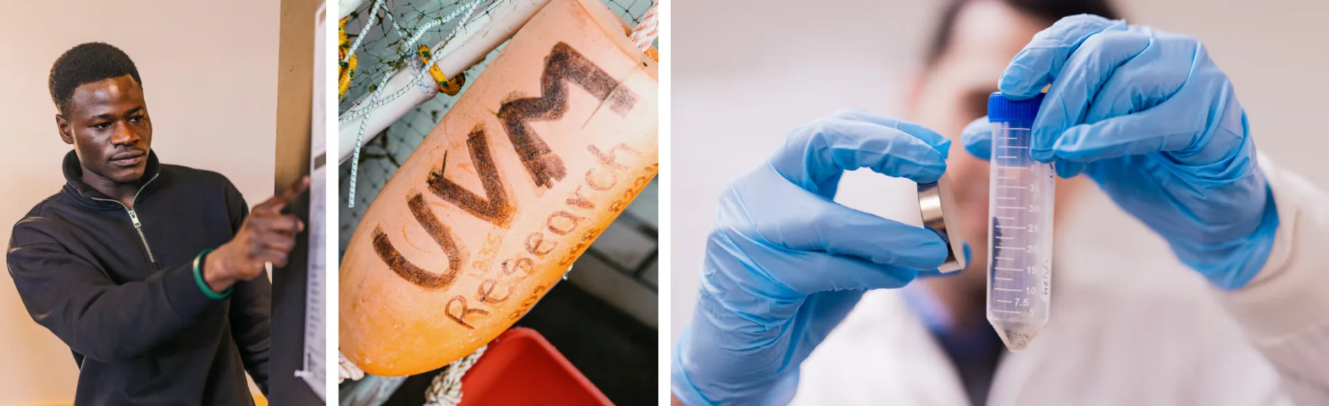 Collage of a student, a buoy, and a researcher in a lab