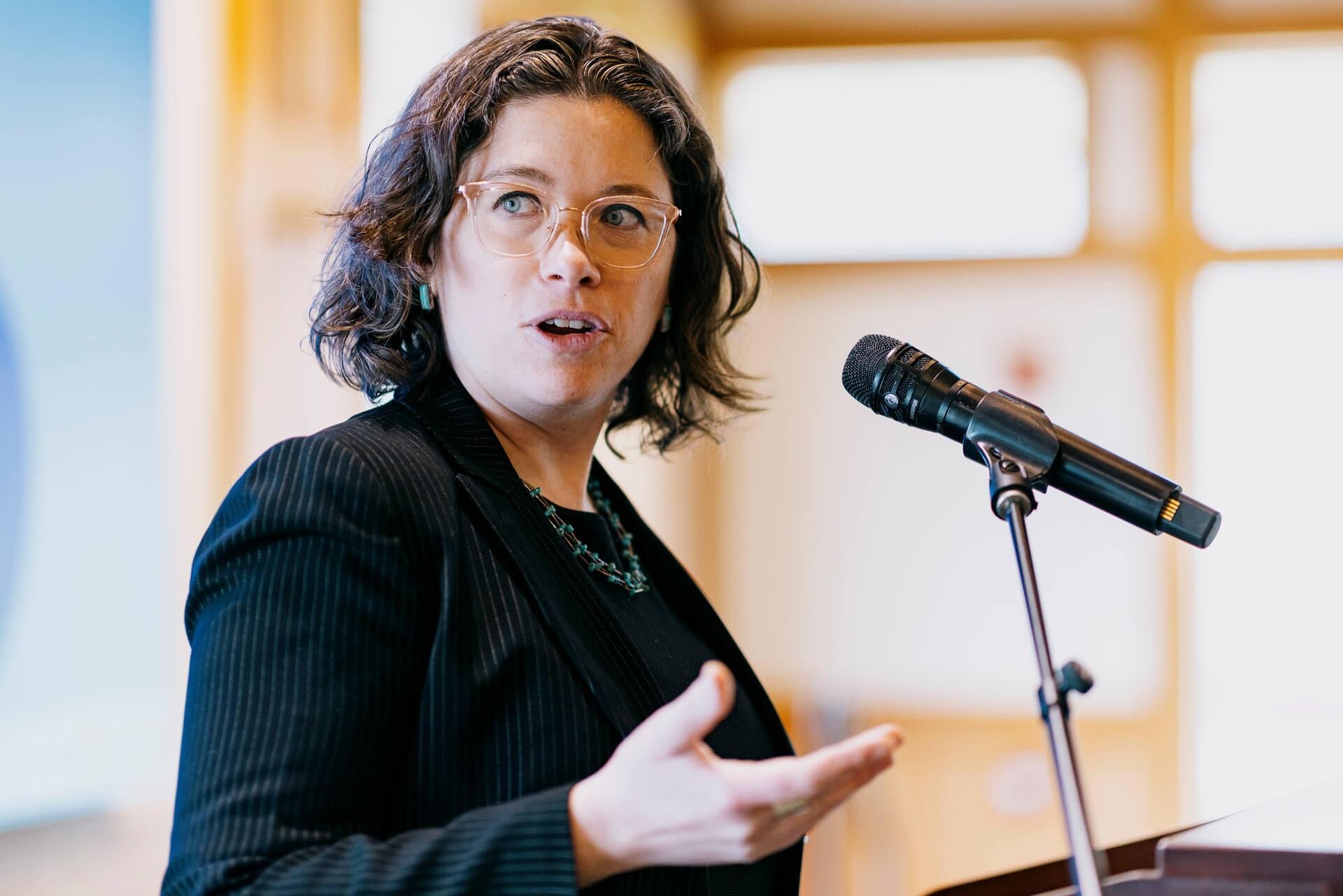 Burlington, Vermont Mayor Emma Mulvaney-Stanak speaks at a podium