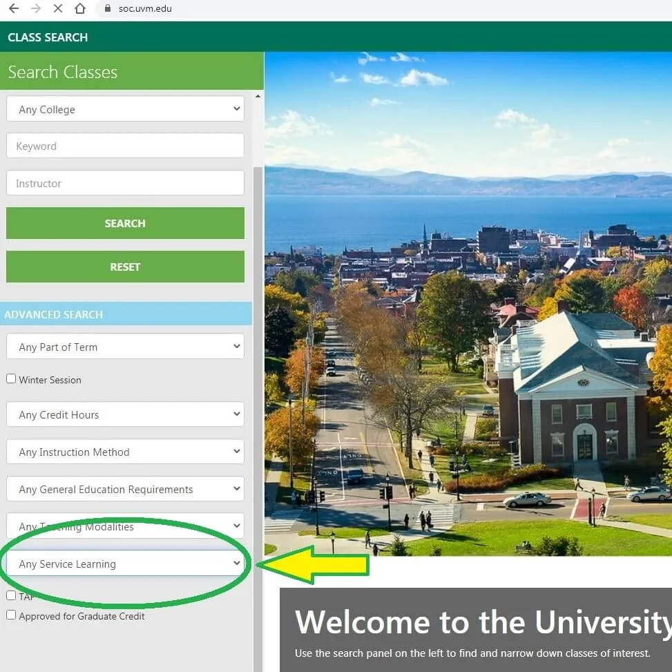 a screenshot of UVM's SOC page is shown, highlighting the "service learning" filter option.