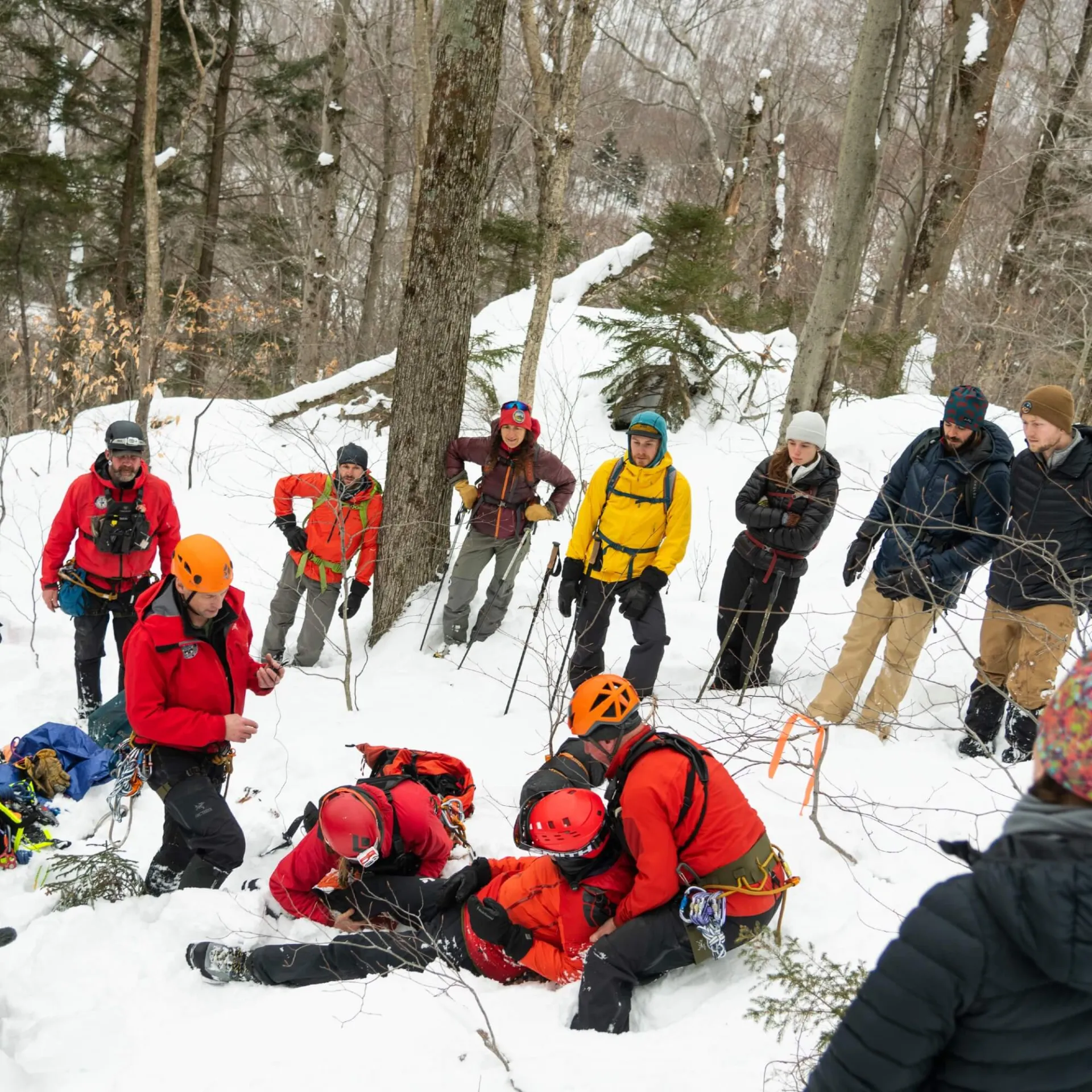 Wilderness first responder class on snowy mountain