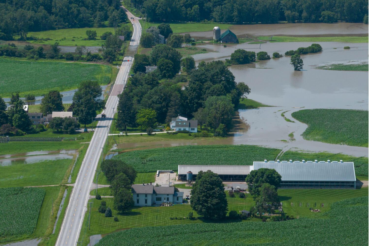 drone view of a flooded farm in Richmond, Vermont