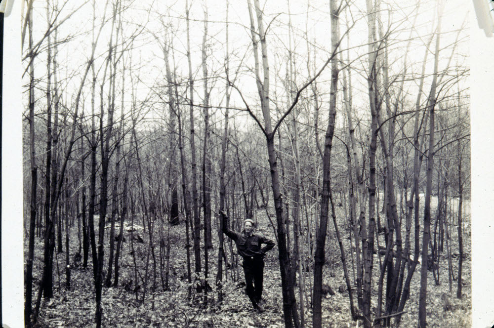 Black and white photo of a man standing in a forest of birch trees with no leaves.