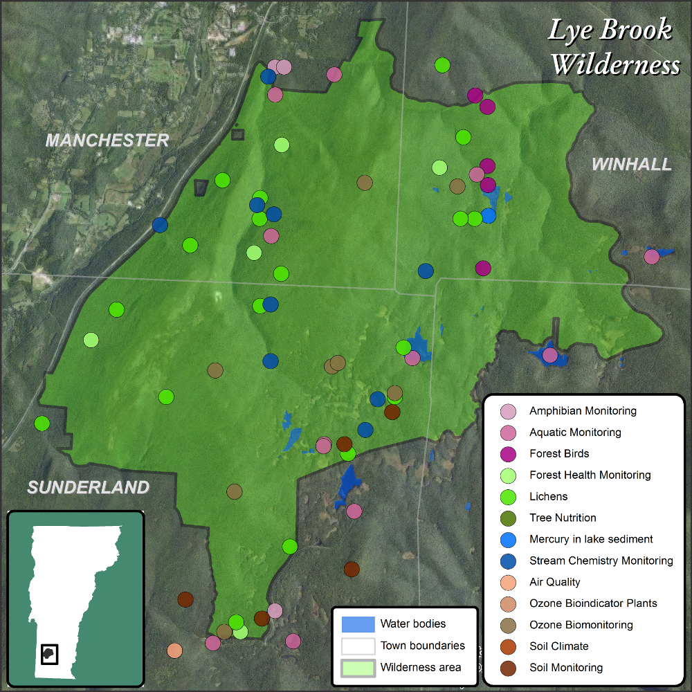 Relative location, boundary, and monitoring and research plot locations at the VMC Lye Brook Wilderness Area intensive site in southern Vermont
