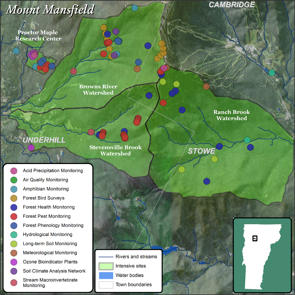 Relative location, watershed boundaries, and monitoring and research plot locations at the VMC Mt. Mansfield intensive site in northern Vermont.