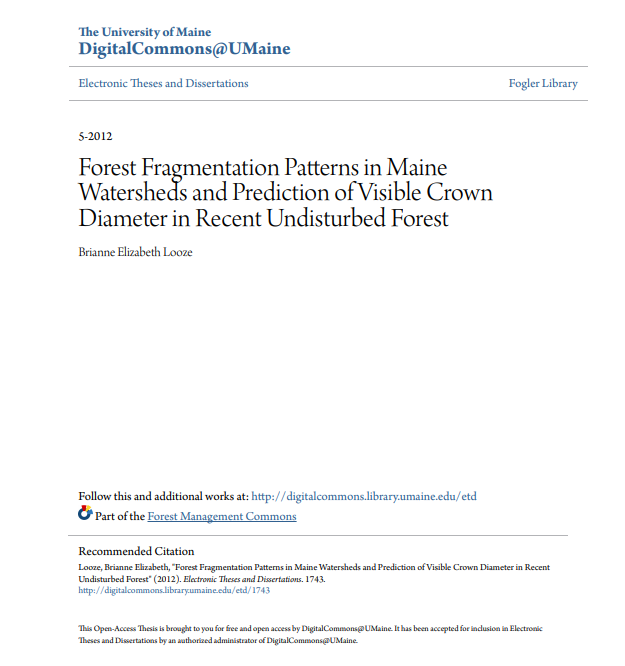 Thumbnail for Forest fragmentation patterns in Maine watersheds and prediction of visible crown diameter in recent undisturbed forest