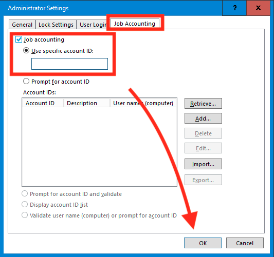 Screenshot of Windows 8 Job Accounting account ID entry screen.
