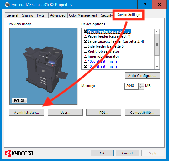 Screenshot of Windows 8 Kyocera printer Properties Device Settings Administrator button.