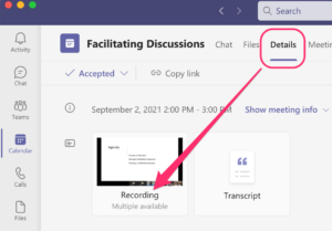 MS Teams Meeting Details tab with Recording button highlighted