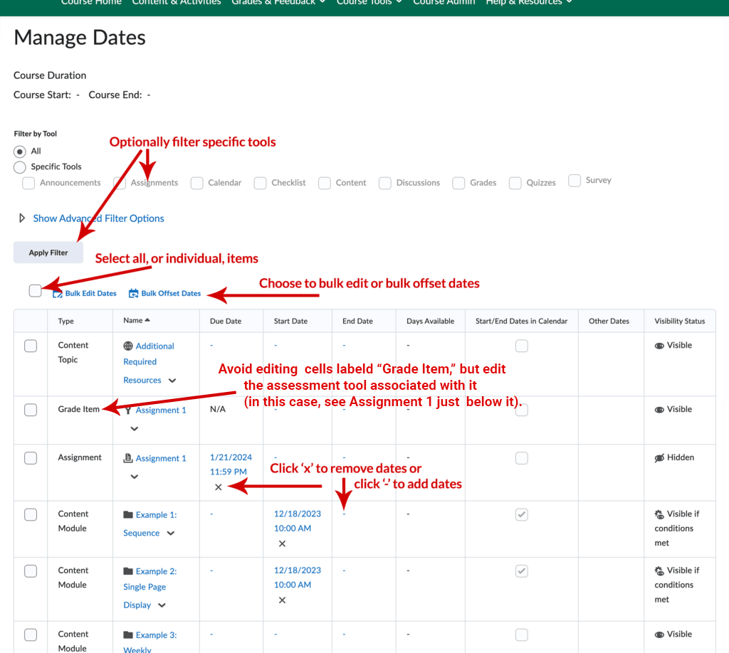 Manage Dates page