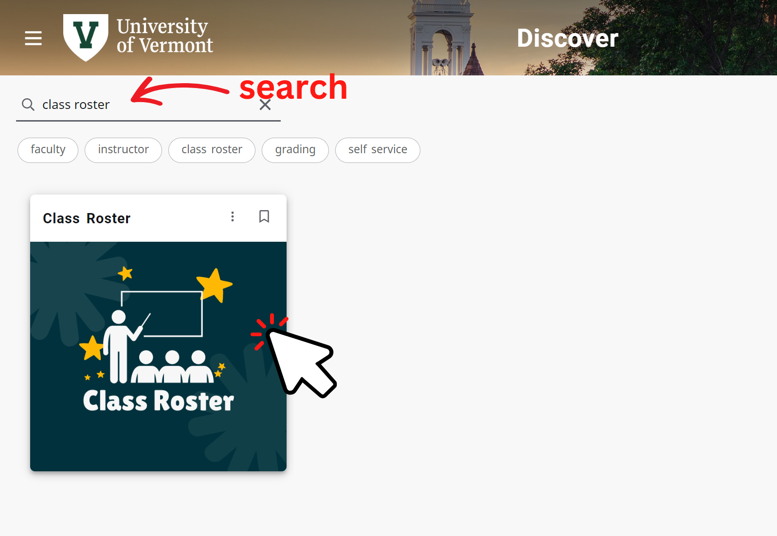 Search myUVM Discover page for Course Roster card and click on it to go to self service banner