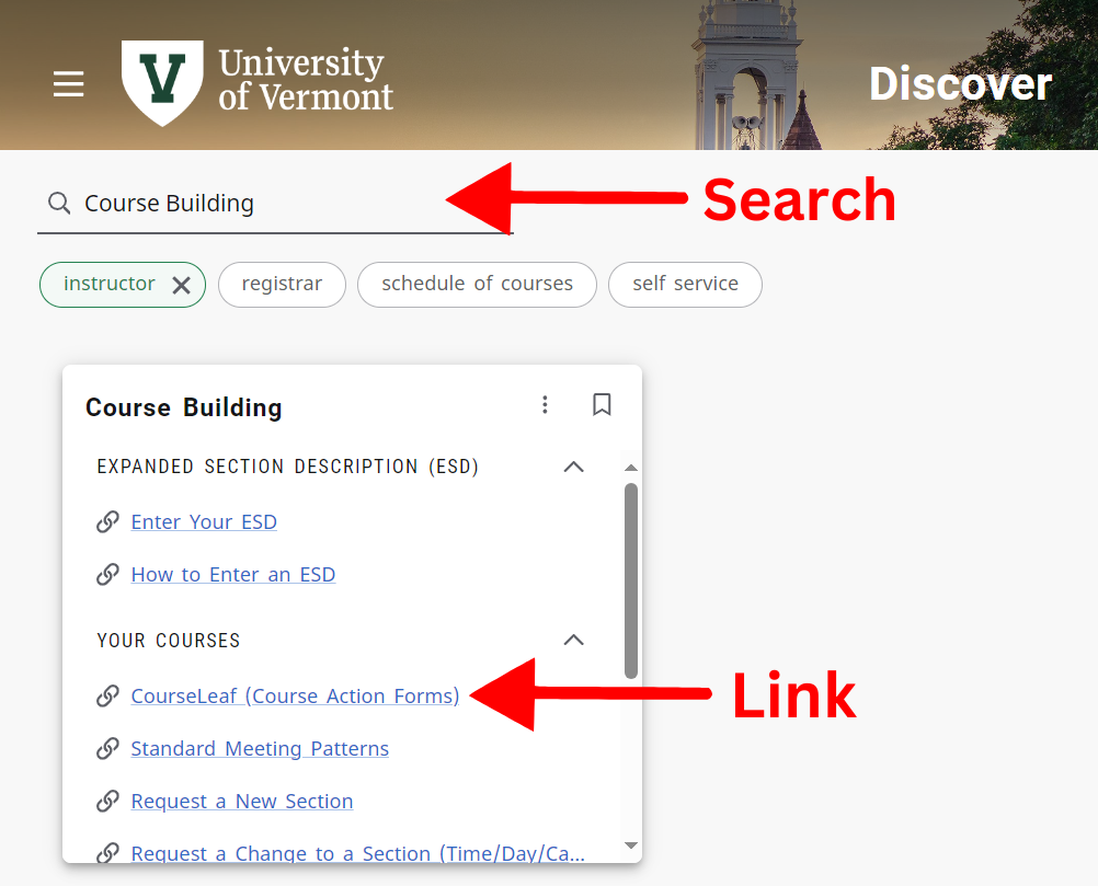 myUVM Discovery Page, Course Building card, link to Course Action Forms