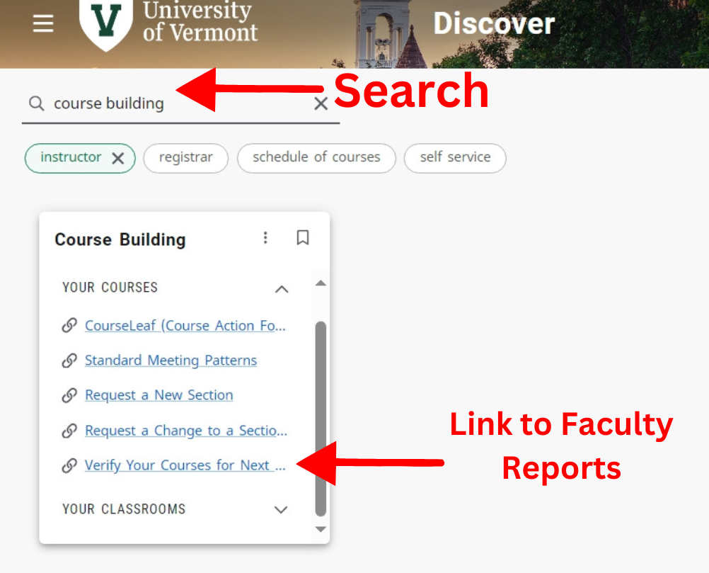 Use the course building card to access report for verifying courses for next semester