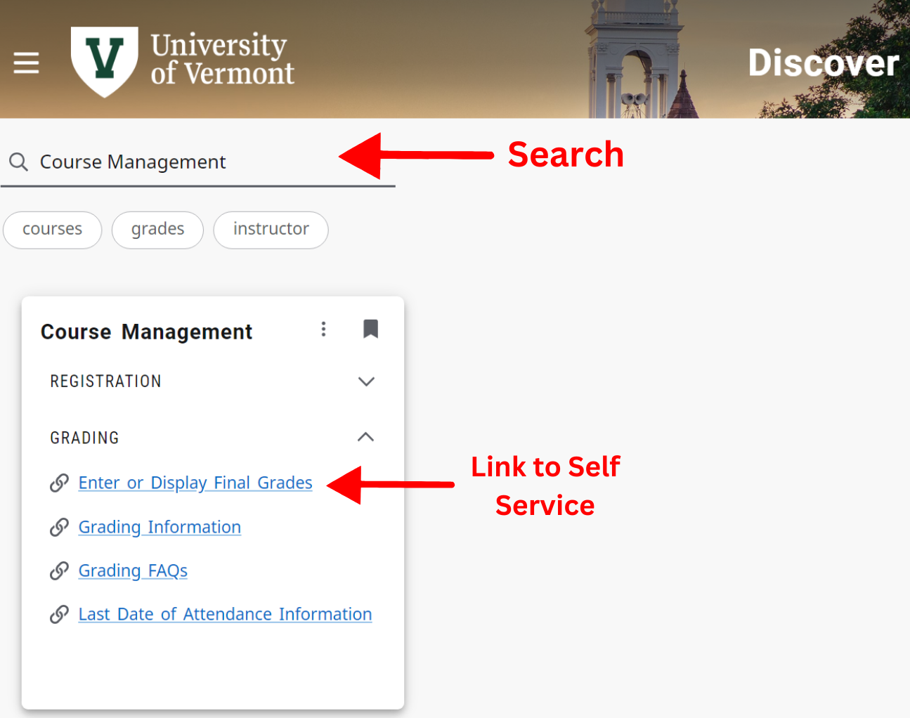 Search Discover page for the course management card and click the enter or display final grade card