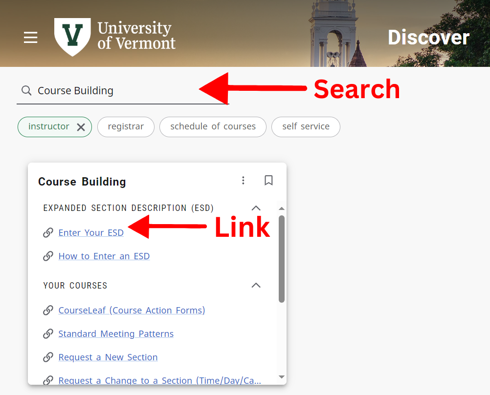 Use the discover pages to search for Course Building card, and click the Enter ESD to open Self Service Banner