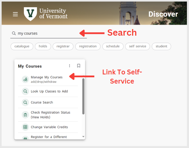 My courses card, allows access to self service for student registration and add drop 