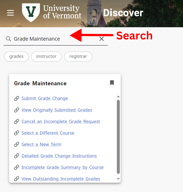 Search the myUVM Discover page for the Grade Maintenance card