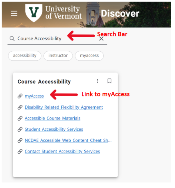 myUVM discover page, course accessibility card, myAccess link 