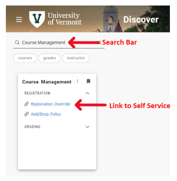 how to search for course management card and follow link for registration overrides