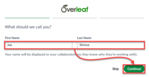 Setting a name in Overleaf.