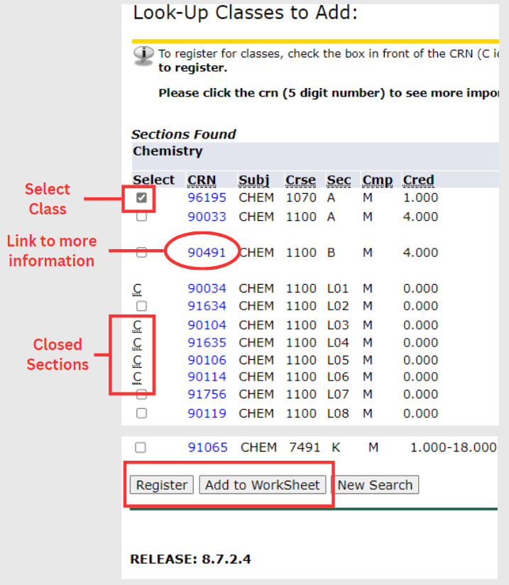 Registering for an open class or add to worksheet