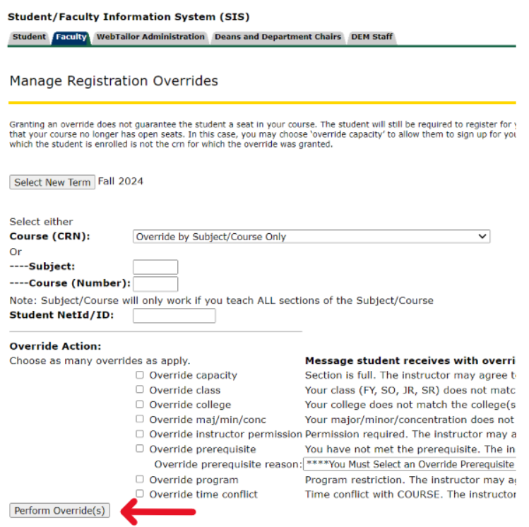 self service banner registration overrides fill out for instructors