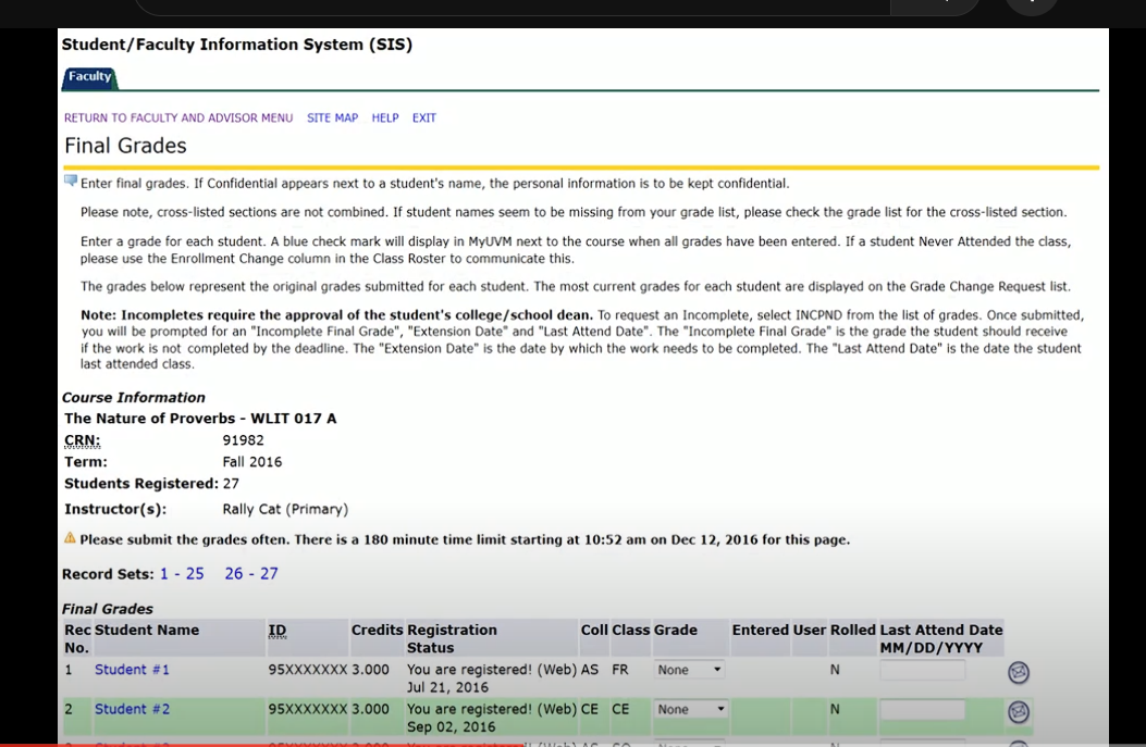 Self Service Banner Instructor Grading Page