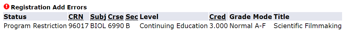 Example of a registration error and information that is returned