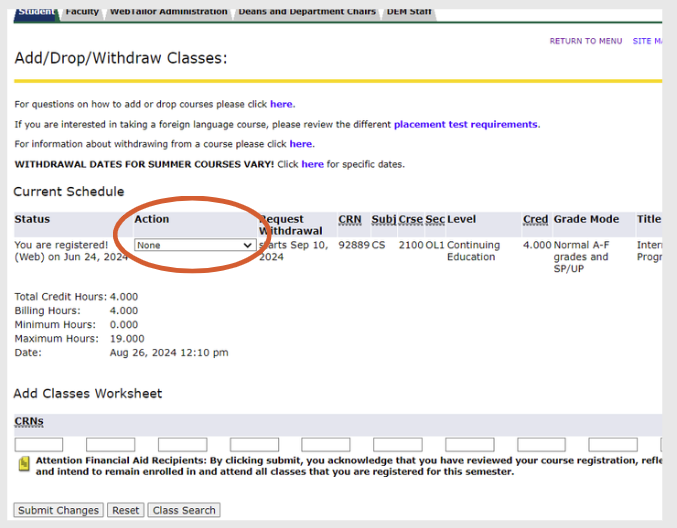 using ssb to add drop or withdraw from courses