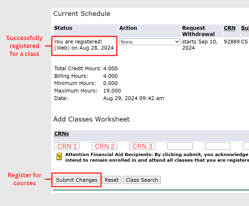 Registering for classes with the class worksheet feature