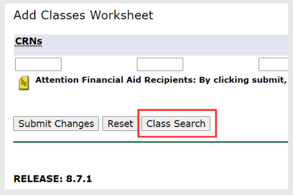 Button for class search in self service banner