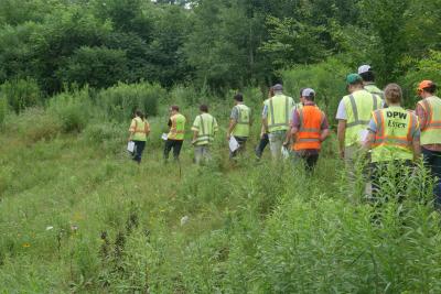 Photo of tour participants walking through native grasses