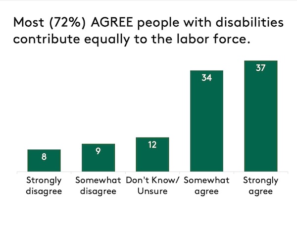 A bar graph showing that most people agree that people with disabilities contribute equally to the workforce.