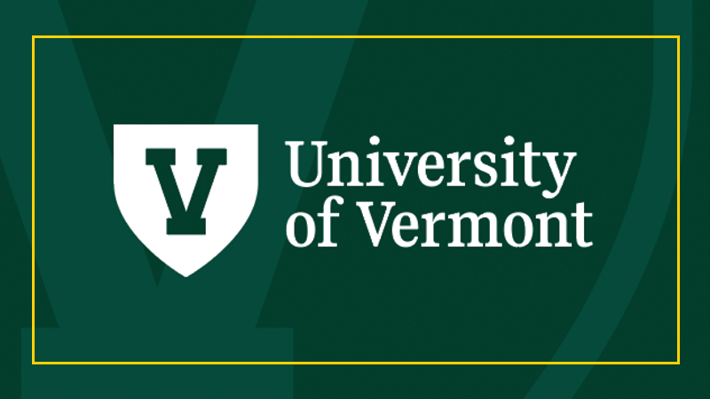University of Vermont logo: A dark green letter V outlined by a white green shield and the text University of Vermont against a dark green background