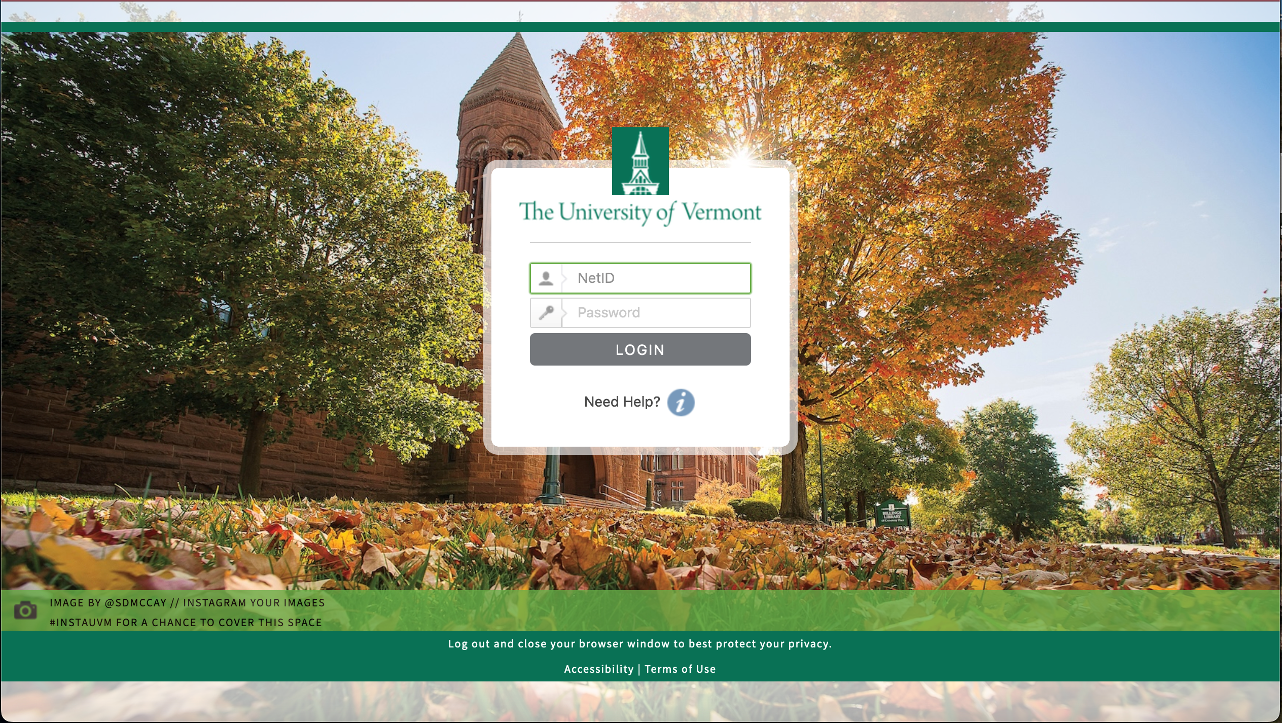 webauth background with UVM tower logo login prompt, fall trees and sunshine, and Billings Hall