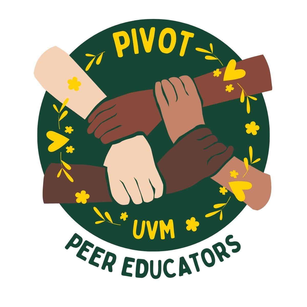 Logo with "PIVOT Peer Educators" written in yellow on green circle background with four hands in a square each gripping the wrist of another