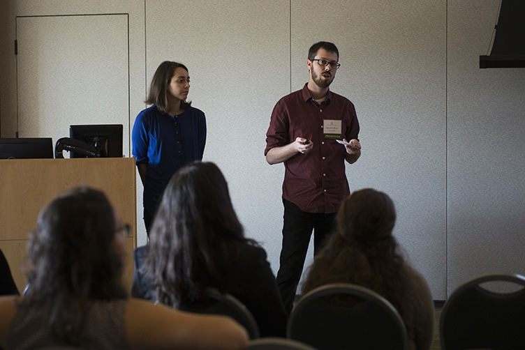 Two presenters giving a lightning talk at the 2017 SRC.