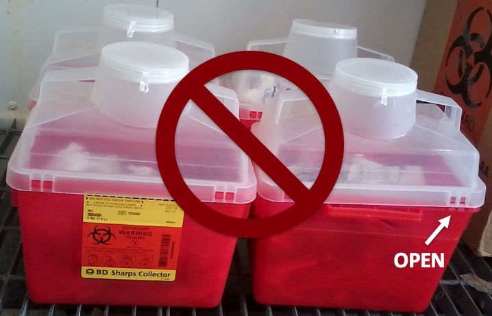 freestanding sharps containers not properly closed