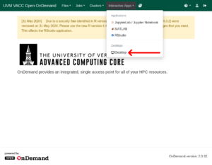 A screenshot of the VACC's instance of Open OnDemand, with an arrow pointing to the button "Desktop" under the dropdown menu "Interactive Apps"