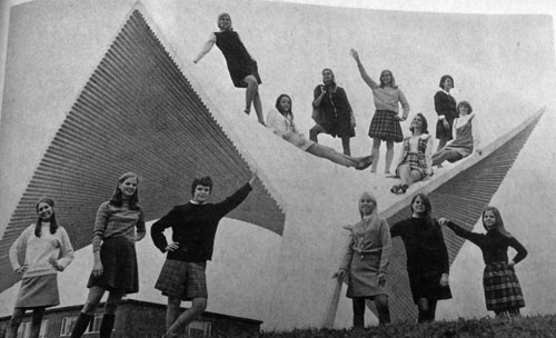 Female students posing around the Hyplar in 1968