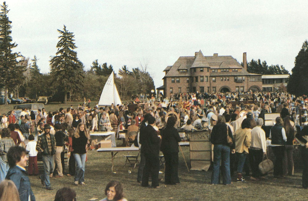 Redstone Hall in 1979 during a student gathering